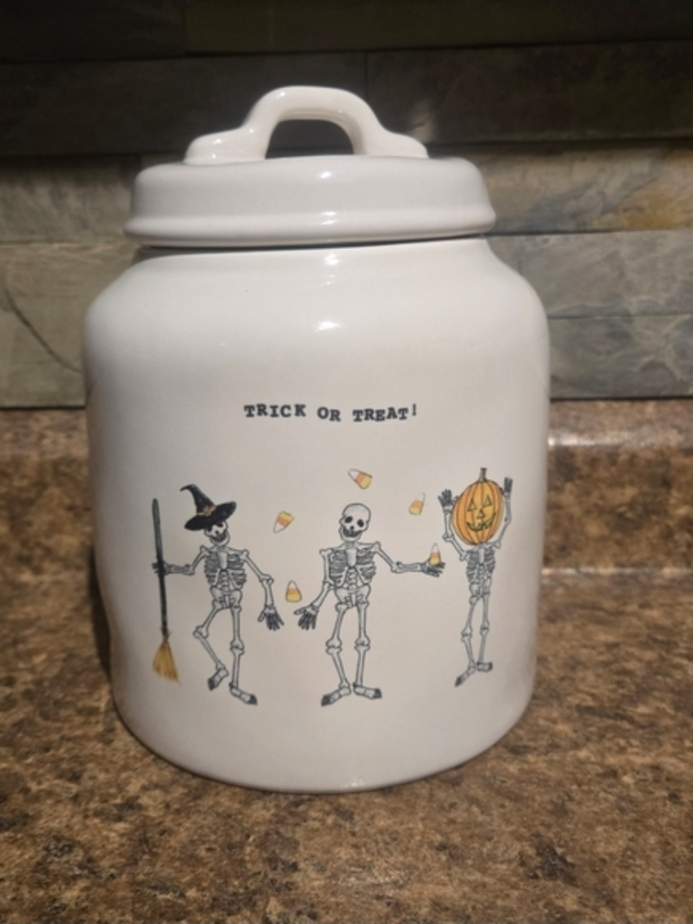 Rae Dunn White Halloween Skeleton Cookie Jar with Orange Accents
